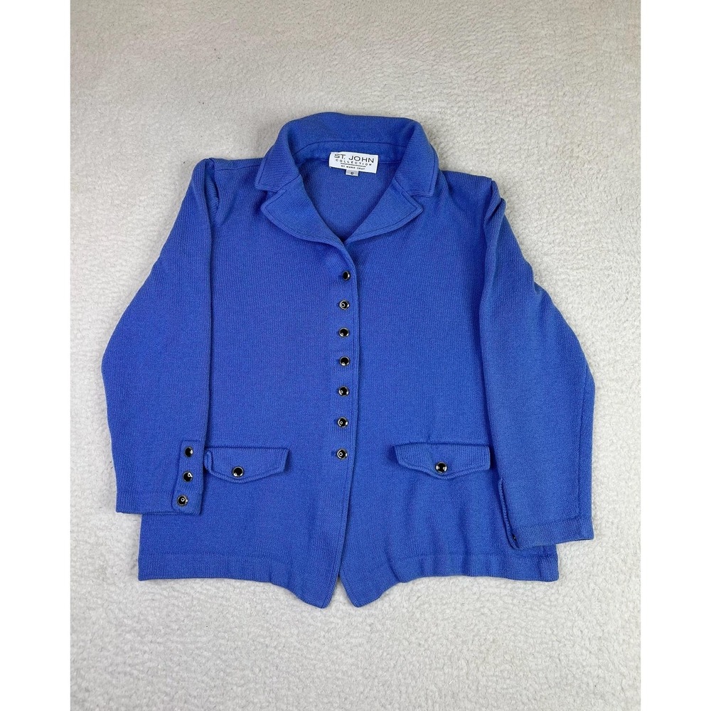 St. John Collection Blue Collared Button Front Knit Cardigan Sweater Womens 6